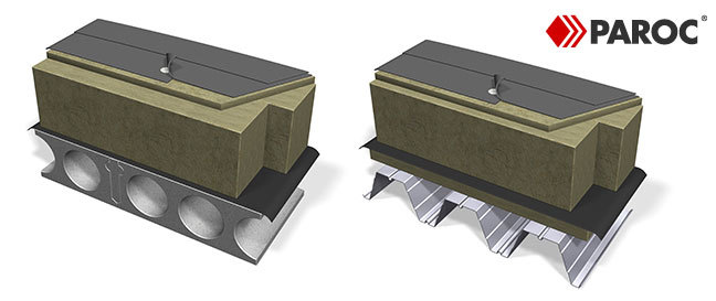 PAROC PROFF sistemos variantai su vertikaliai orientuoto plaušo plokštėmis: ant kiaurymėtojo gelžbetonio ir profiliuotos skardos perdangų.